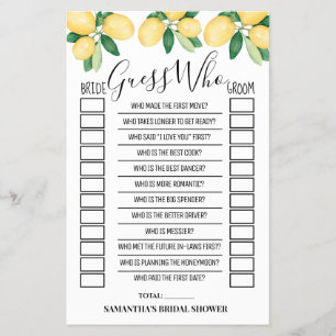 Guess Who Lemons Bridal Shower Game Card