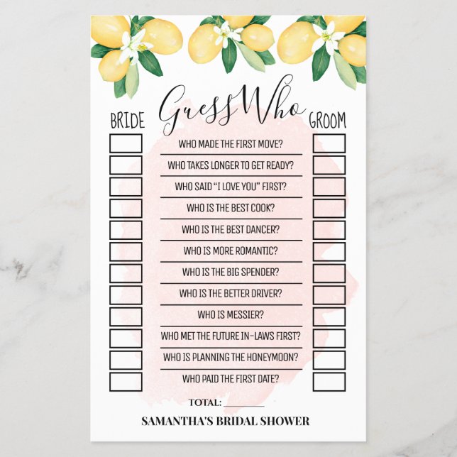 Guess Who Lemons Pink Bridal Shower Game Card (Front)