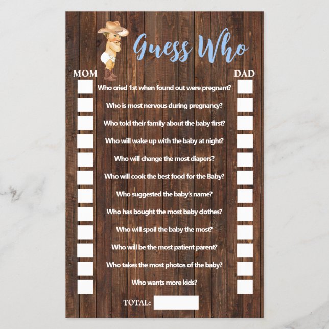 Guess Who Little Cowboy Baby Shower Game Card (Front)