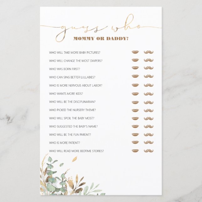 Guess Who Mommy or Daddy Baby Shower Game (Front)