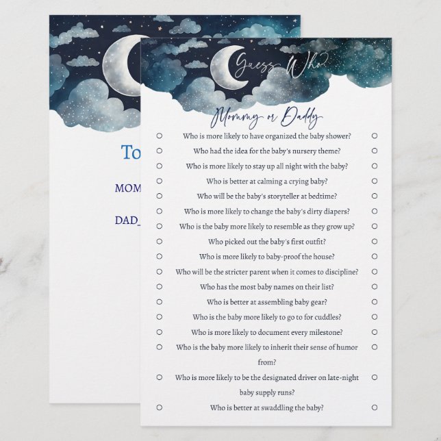 Guess who mommy or daddy baby shower game card (Front/Back)