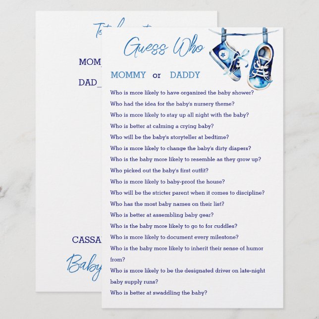 Guess who mommy or daddy baby shower game card (Front/Back)