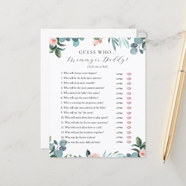 Guess Who Mommy or Daddy Baby Shower game card (Front/Back In Situ)