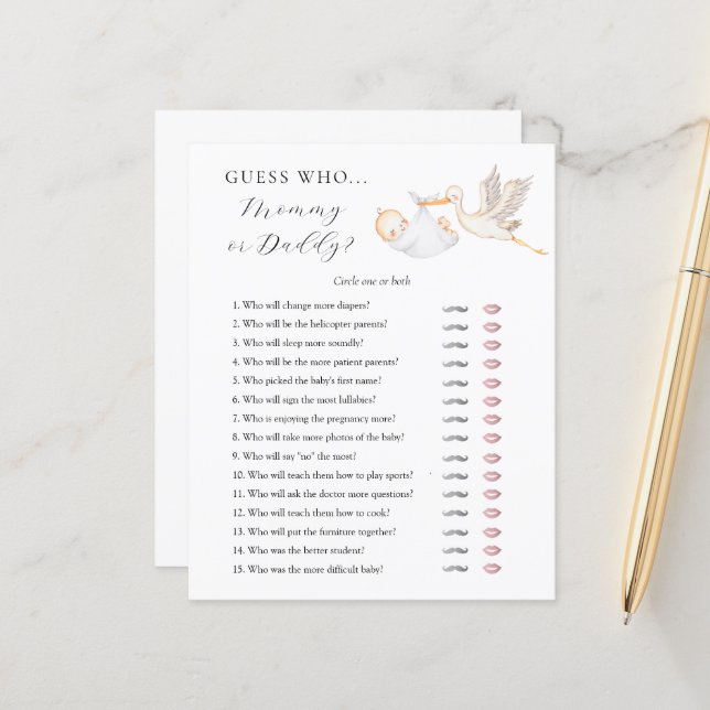 Guess Who Mommy or Daddy Baby Shower game card (Front/Back In Situ)
