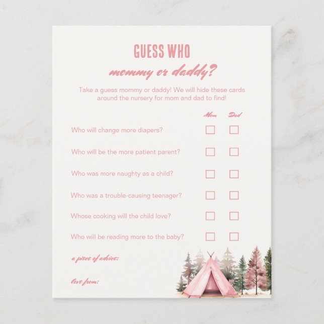 Guess Who Mommy or Daddy Pink Camping Game (Front)