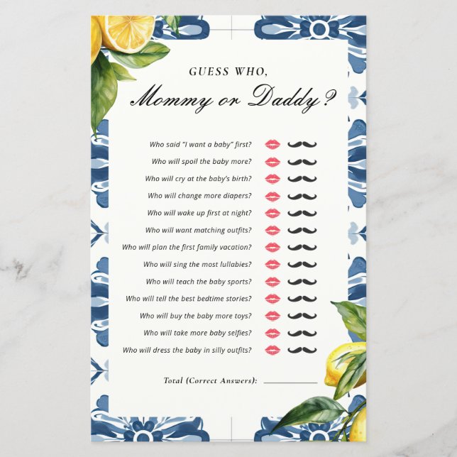 Guess Who Mommy or Daddy Positano Baby Shower Game (Front)