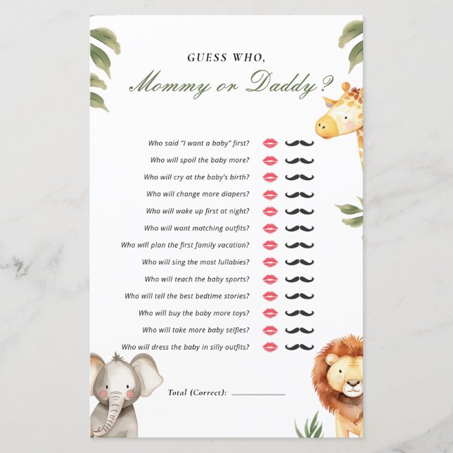 Guess Who Mommy or Daddy Safari Baby Shower Game (Front)