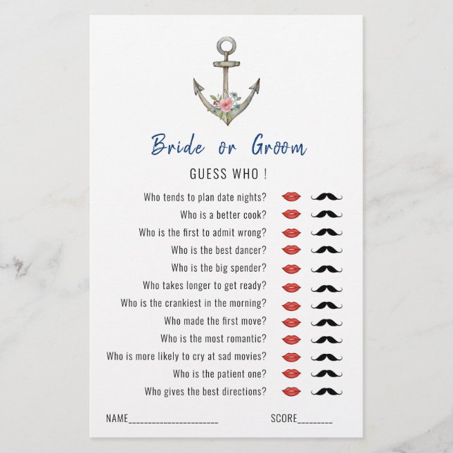 'Guess Who' Nautical Anchor  Bridal Shower game  (Front)