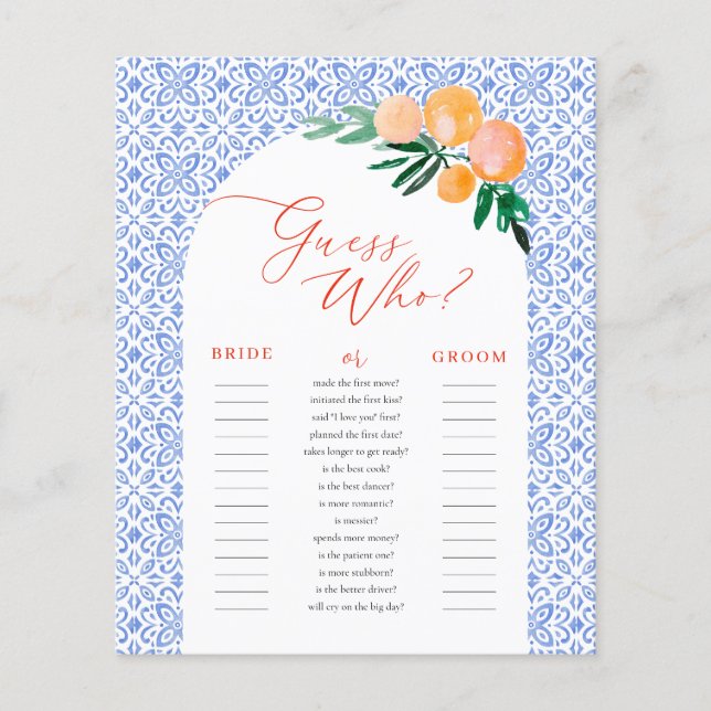 Guess Who Orange Spritz Bridal Shower Game (Front)