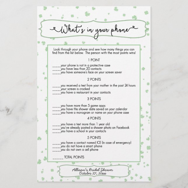 Guess who + phone games, irish bridal shower 3991 flyer (Front)