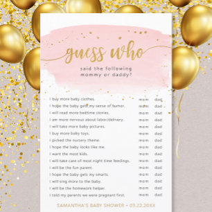 Guess Who pink watercolor + gold baby shower game