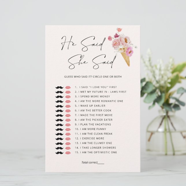 Guess Who Said Ice Cream Floral Bridal Shower Game (Standing Front)