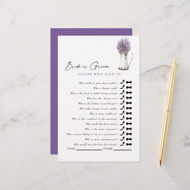 Guess Who Said It? Lavender Rustic Bridal Shower (Front/Back In Situ)