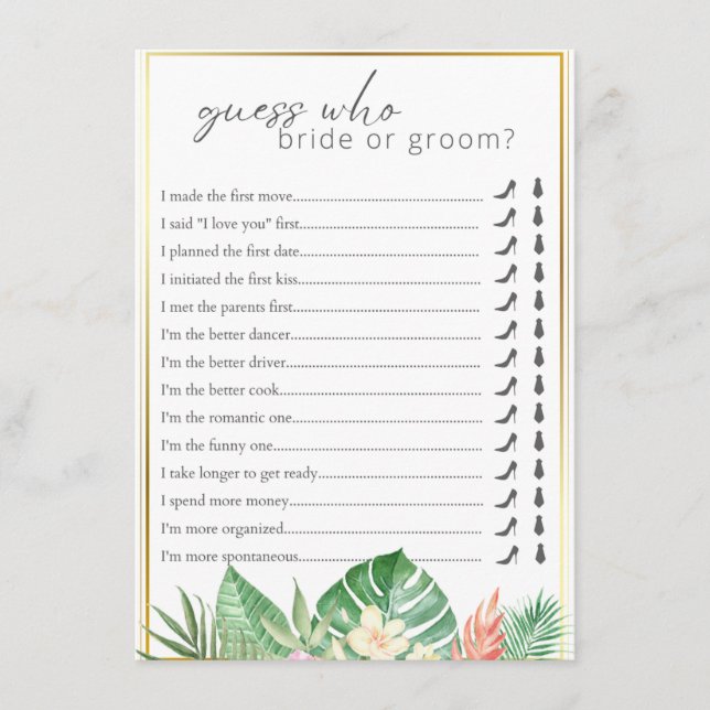 Guess Who Said It Tropical Bridal Shower Game  Enclosure Card (Front)