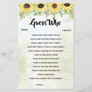 Guess Who Sunflowers Bridal Shower Game Card