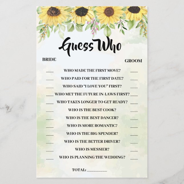 Guess Who Sunflowers Bridal Shower Game Card (Front)