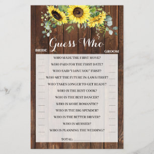 Guess Who Sunflowers Bridal Shower Game Card