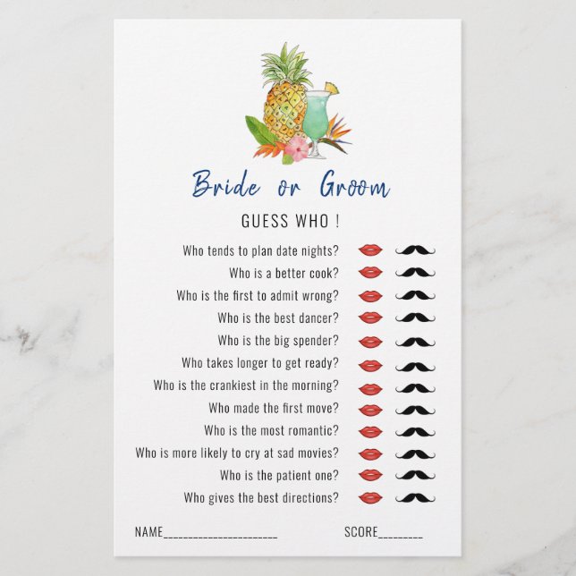 'Guess Who' Tropical theme Bridal Shower game  (Front)