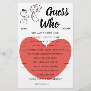 Guess Who Wedding Couple Shower Game Card