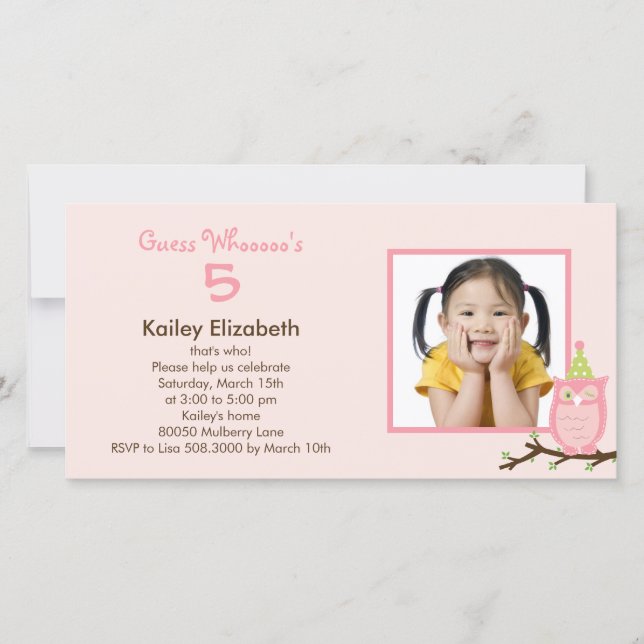 Guess Whooo? Photo Birthday Party Invitation -Pink (Front)