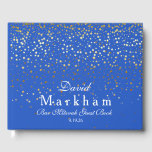 Guest Book<br><div class="desc">This guest book is shown in Royal Blue with a curtain of Golden-colored petite stars on both front and back are splattered all over this guest book. Front has text reading your personalized name in a fancy script, your last name in bold text style along with custom date beneath. Personalize...</div>