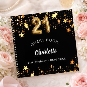 Guest book 21st birthday black gold stars