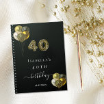 Guest book 40th birthday black gold leopard print<br><div class="desc">For an elegant 40th birthday party.  A black background,  decorated with balloons. Number 40 is written with a trendy balloon style font,  leopard print.  Personalize and add a name and a date. The word birthday is written with a modern hand lettered style script with swashes.</div>