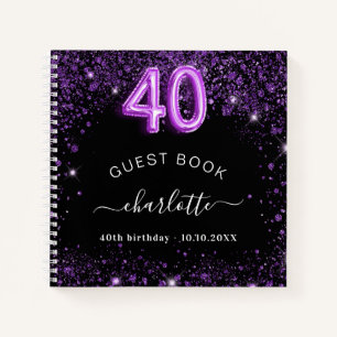 Guest book 40th birthday black purple glitter name
