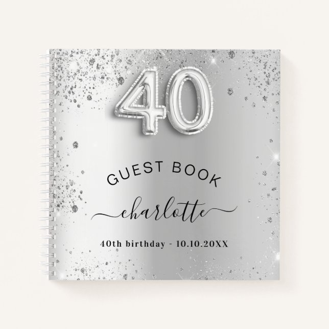 Guest book 40th birthday silver glitter name glam (Front)