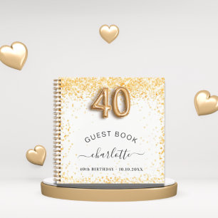 Guest book 40th birthday white gold glitter