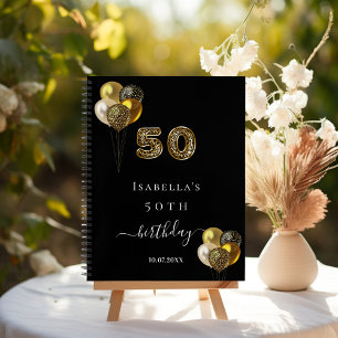 Guest book 50th birthday black gold leopard animal