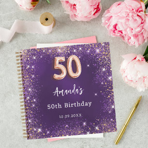 Guest book 50th Birthday purple rose gold glitter