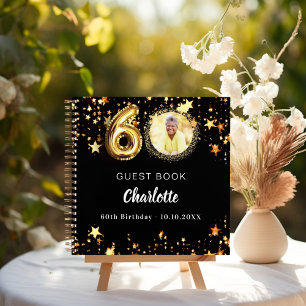 Guest book 60th birthday black gold stars photo