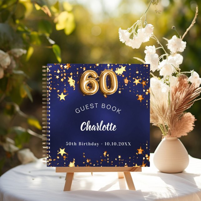 Guest book 60th birthday navy blue gold stars (Creator Uploaded)