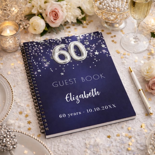 Guest book 60th birthday navy blue silver stars (Creator Uploaded)