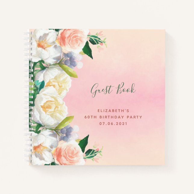 Guest book 60th birthday pink florals white peach (Front)