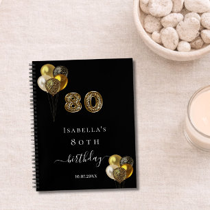 Guest book 80th birthday black gold leopard animal