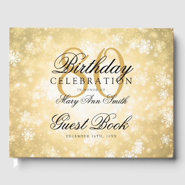 Guest Book 80th Birthday Gold Winter Wonderland (Front)