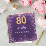 Guest book 80th Birthday purple rose gold glitter<br><div class="desc">A guestbook for a feminine and glamourous 80th birthday party.  A stylish purple background with faux purple and rose gold sparkles. The purple colour is uneven. Personalize and add your name and a date.</div>