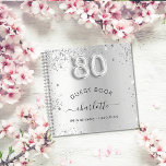 Guest book 80th birthday silver glitter name glam<br><div class="desc">A guestbook for a feminine and glamorous birthday party.  A stylish faux silver looking background with faux glitter,  sparkles. Add your name,  and text.  Age number is written with a balloon style font.</div>