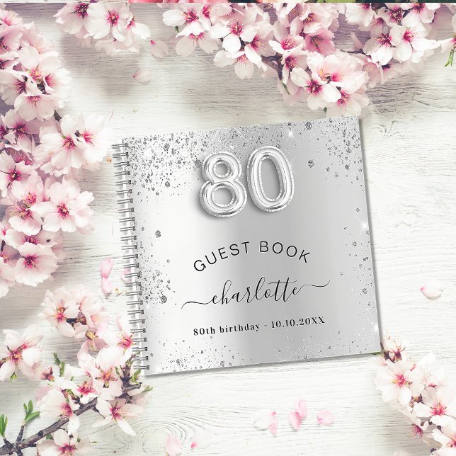 Guest book 80th birthday silver glitter name glam (Creator Uploaded)