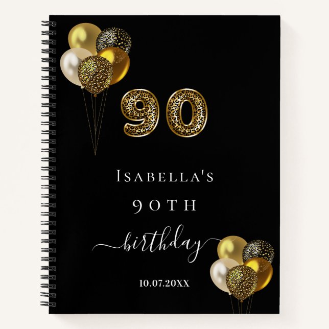 Guest book 90th birthday black gold leopard animal (Front)