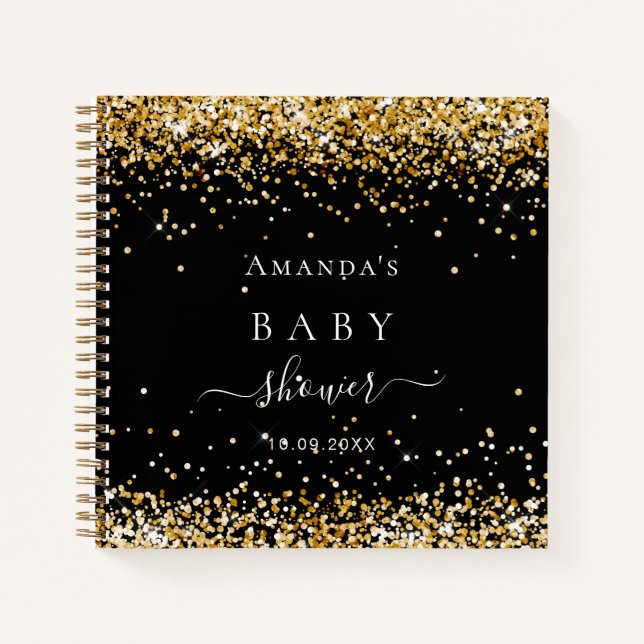 Guest book baby shower black gold glitter name (Front)