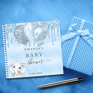 Guest book baby shower blue glitter elephant boy