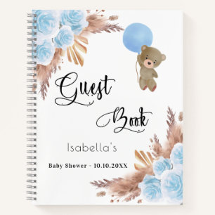 Guest book Baby Shower blue teddy pampas grass