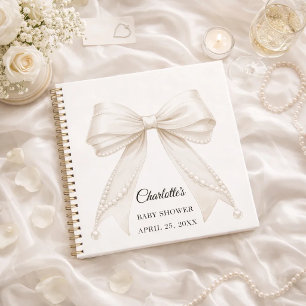 Guest book Baby Shower bow ivory white pearls