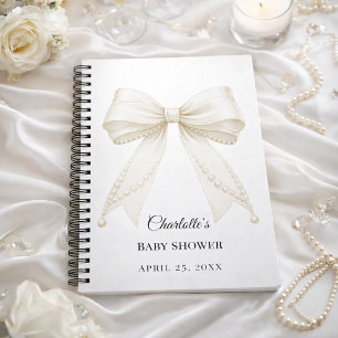 Guest book Baby Shower bow ivory white pearls
