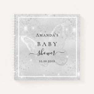 Guest book baby shower silver butterfly glitter