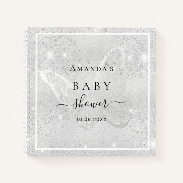 Guest book baby shower silver butterfly glitter (Front)