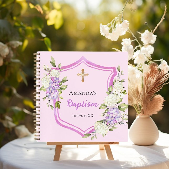 Guest book baptism crest pink flowers girl (Creator Uploaded)